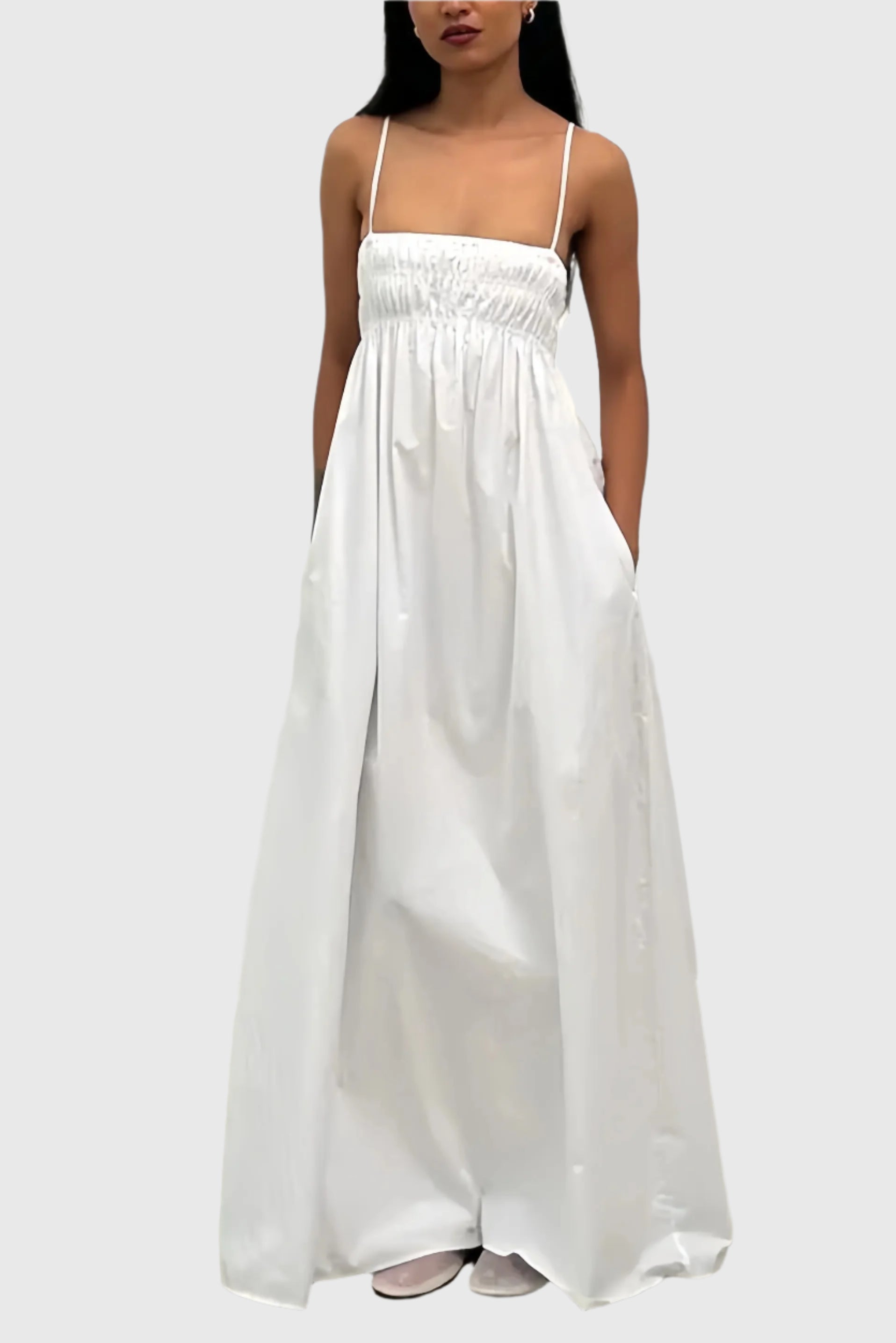 White sleeveless long dress with open back
