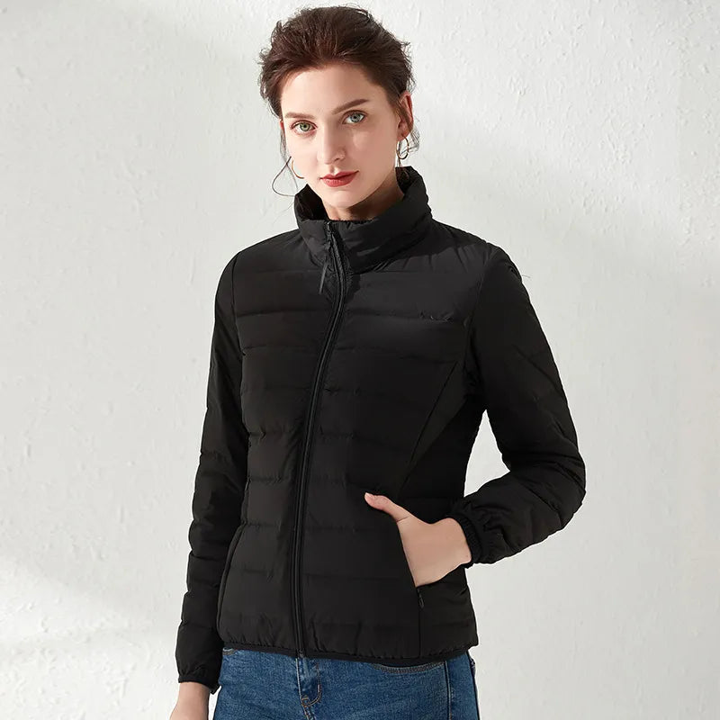 Lightweight puffer jacket with high collar and slim fit