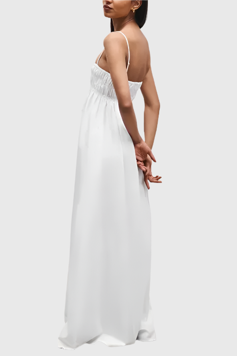 White sleeveless long dress with open back