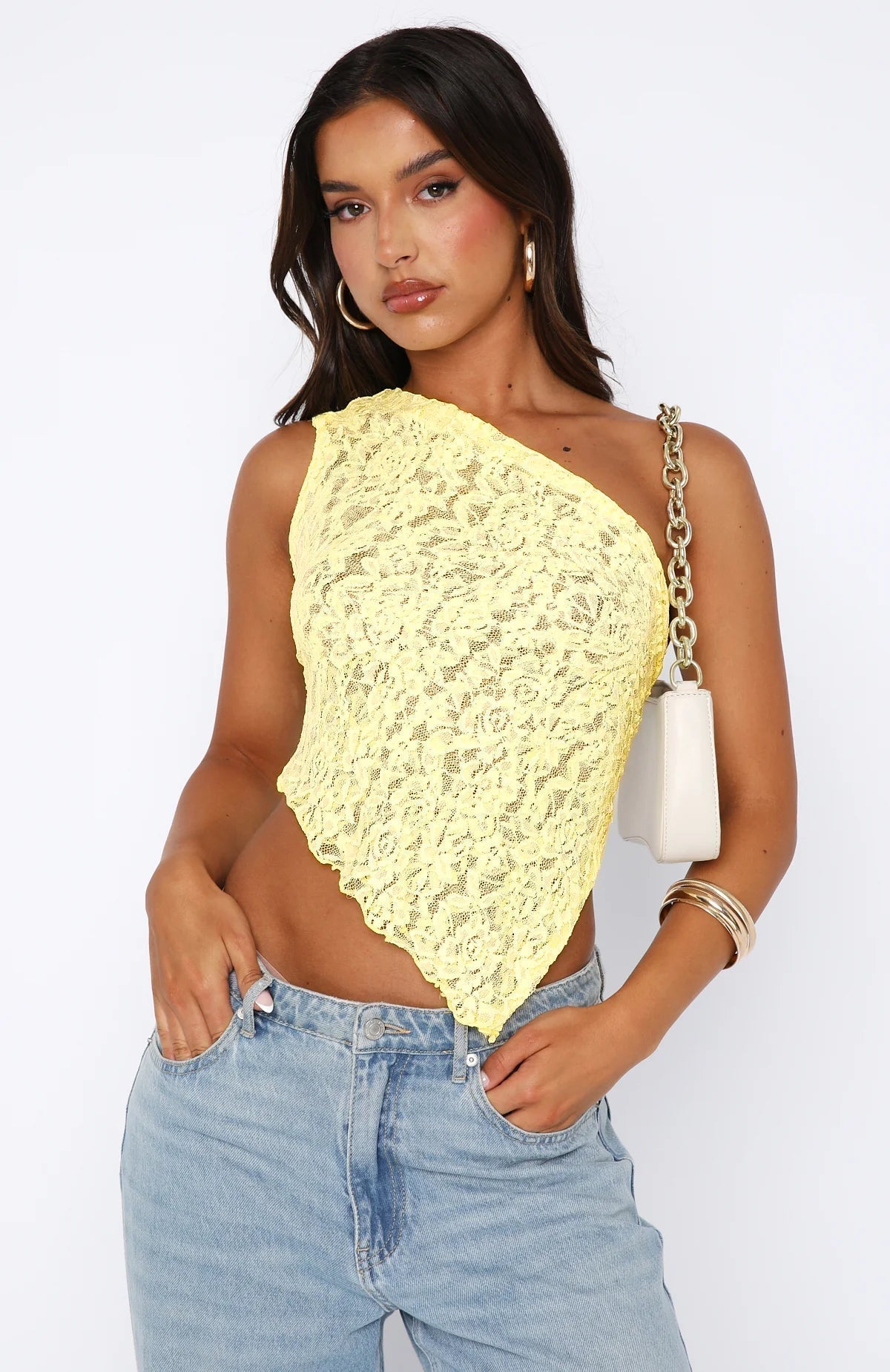 One-shoulder top with lace decoration