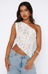 One-shoulder top with lace decoration