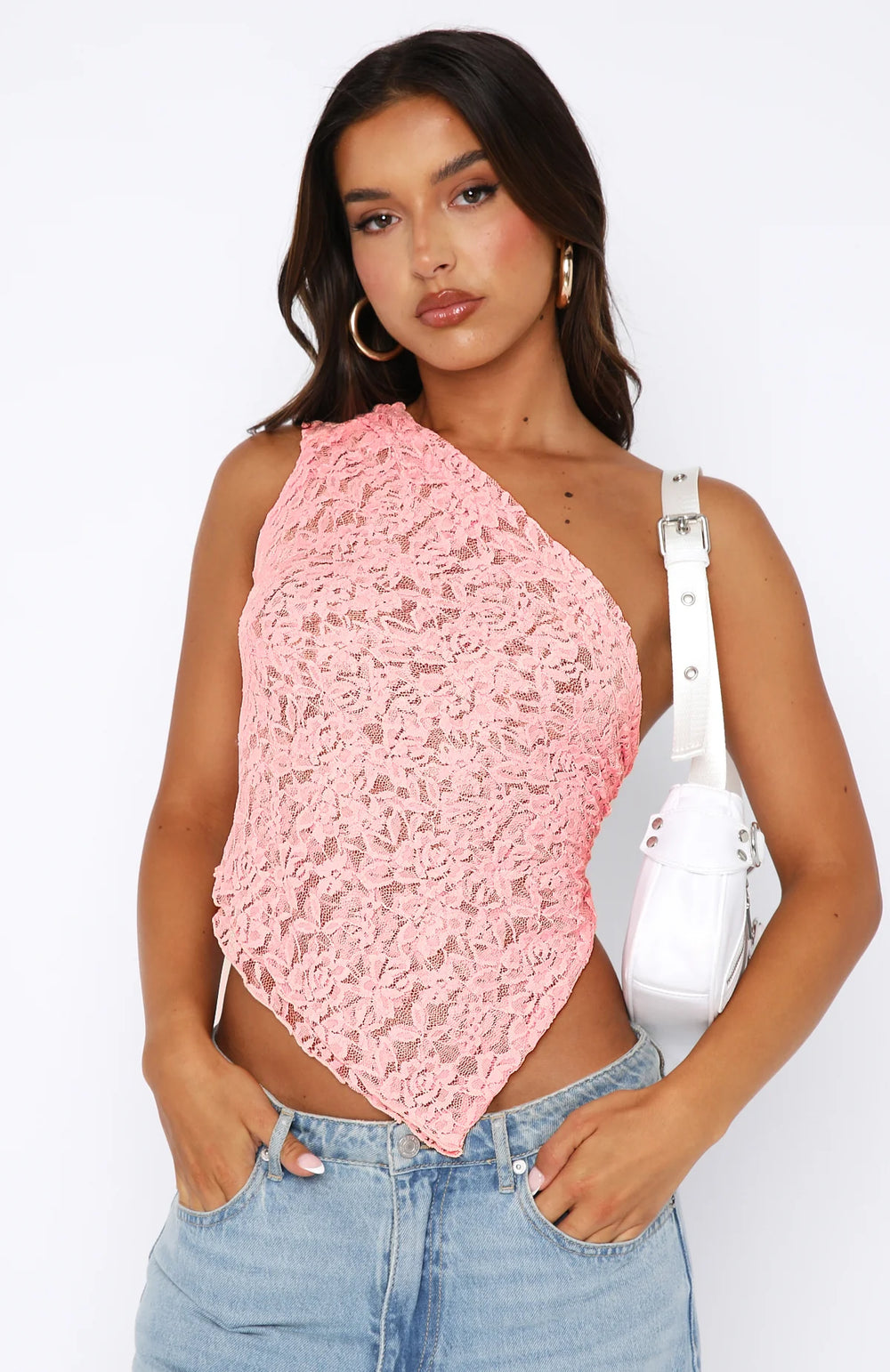 One-shoulder top with lace decoration
