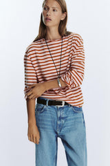 Striped long-sleeved top with boat neckline