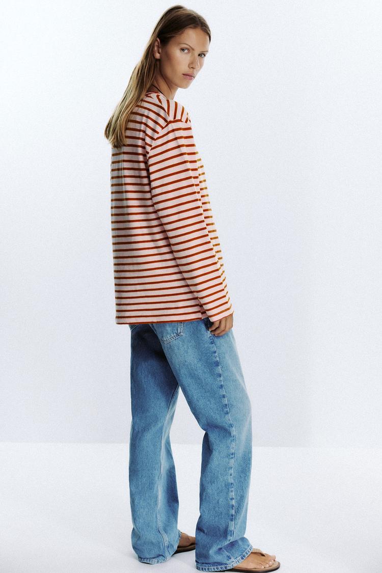 Striped long-sleeved top with boat neckline