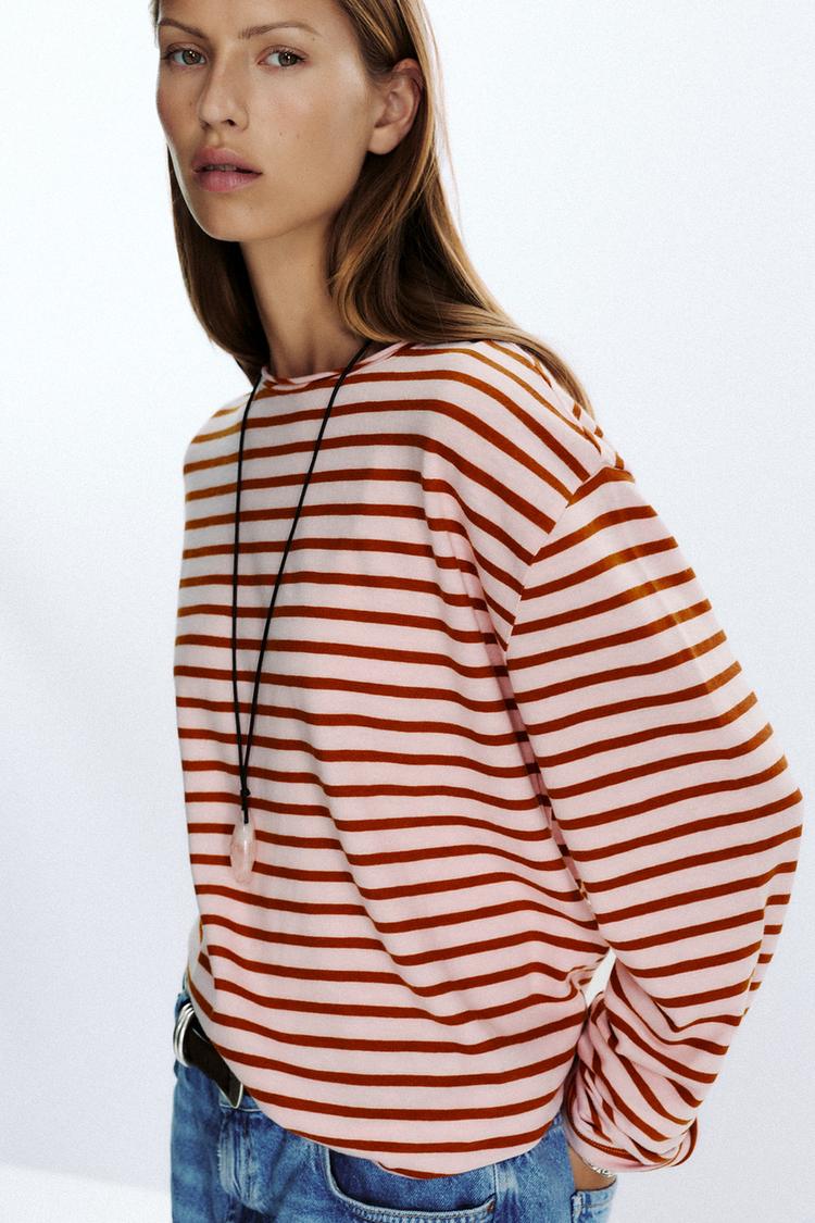 Striped long-sleeved top with boat neckline