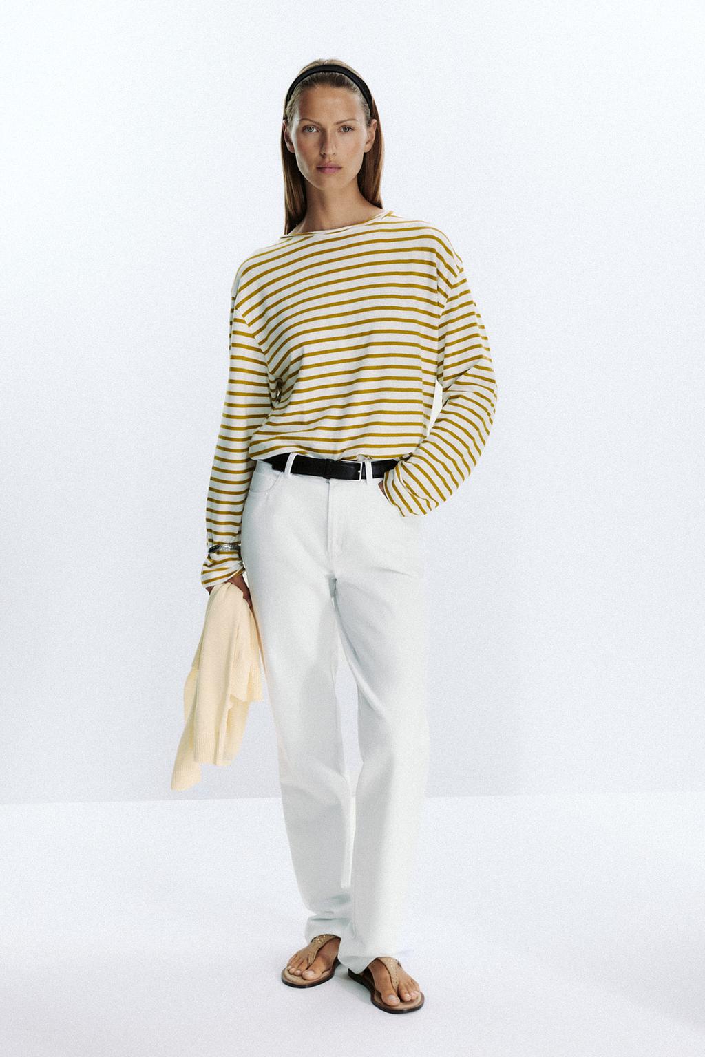 Striped long-sleeved top with boat neckline