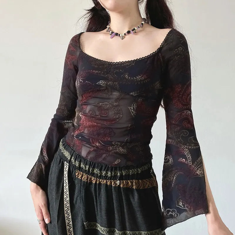 Black and burgundy floral paisley top in transparent finish with square neckline