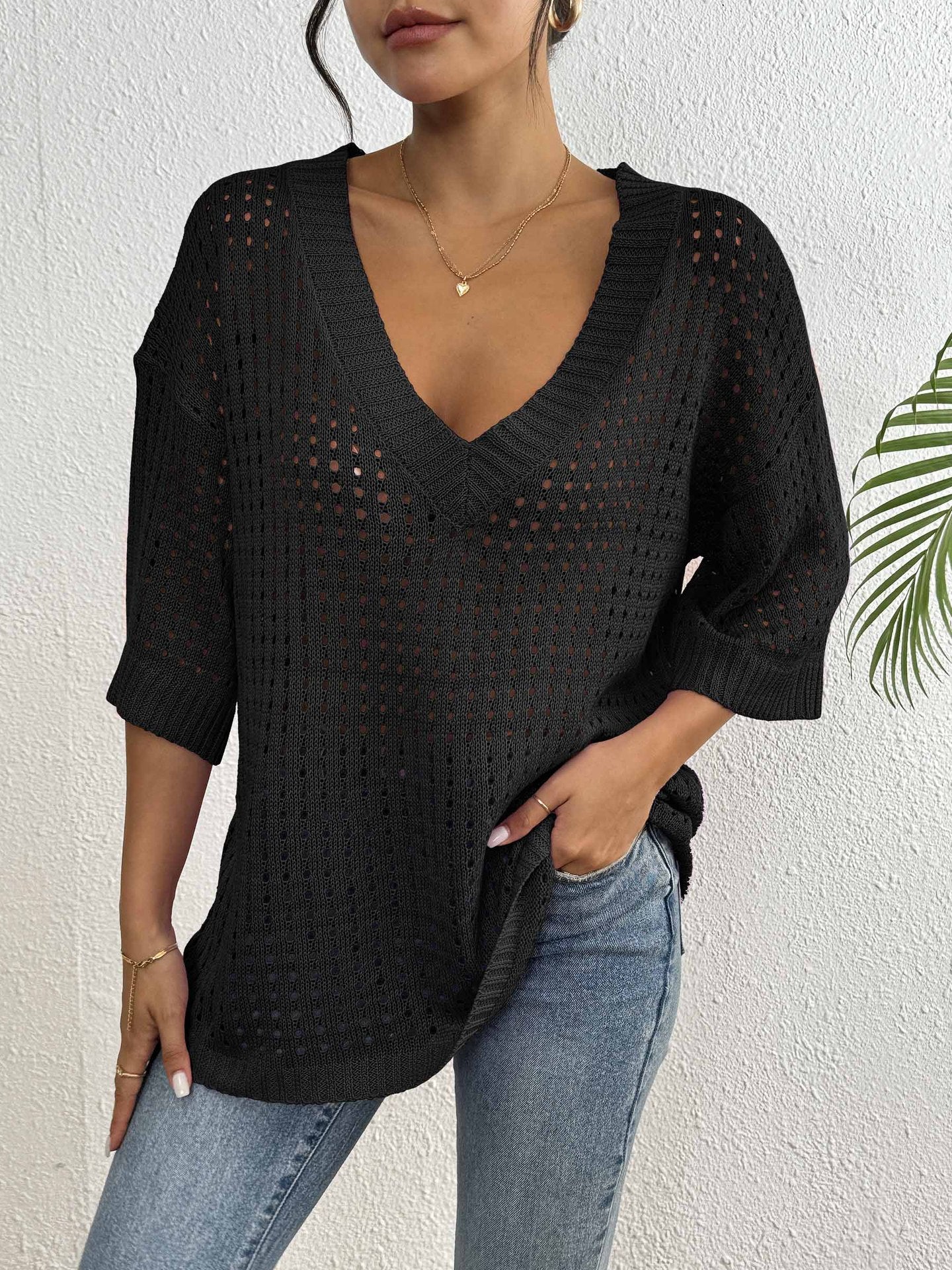 Blus ihålig vävd V-ringning