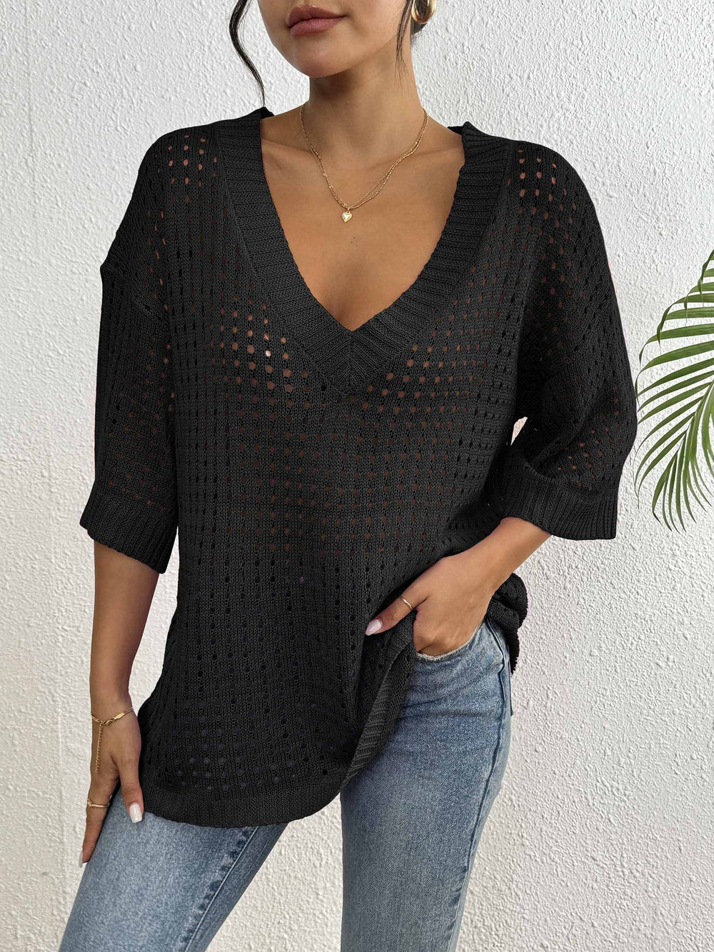 Blus ihålig vävd V-ringning