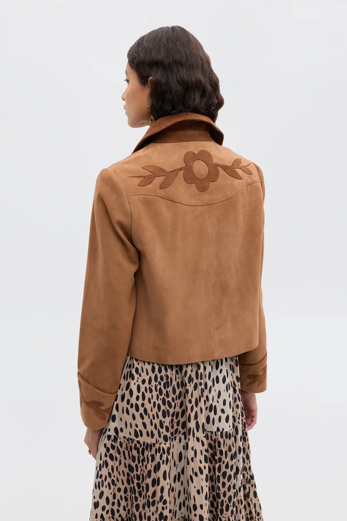 Brown short jacket with floral appliqués