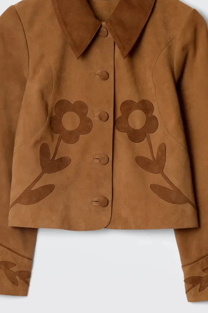 Brown short jacket with floral appliqués
