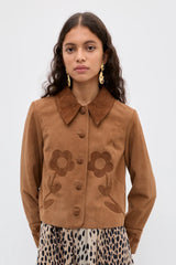 Brown short jacket with floral appliqués