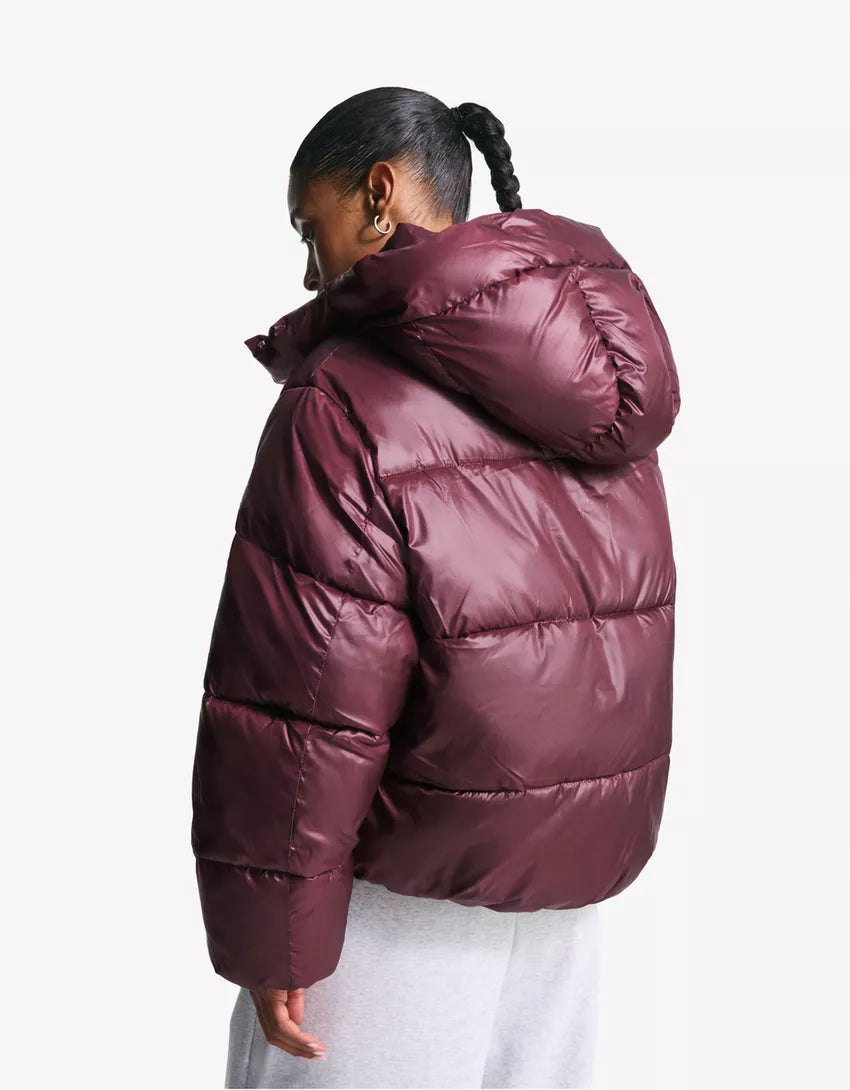 Burgundy short padded jacket with hood