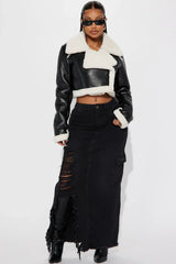 Black cropped aviator jacket with soft trim