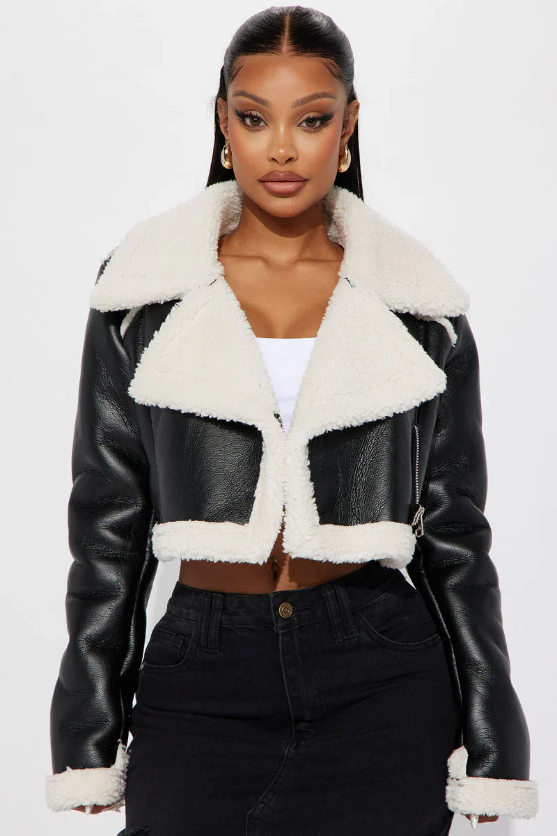 Black cropped aviator jacket with soft trim