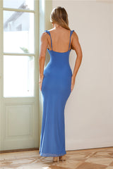 Long blue ruffled dress