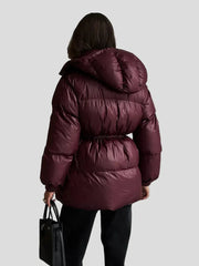 Shiny puffer jacket with hood and drawstring waist