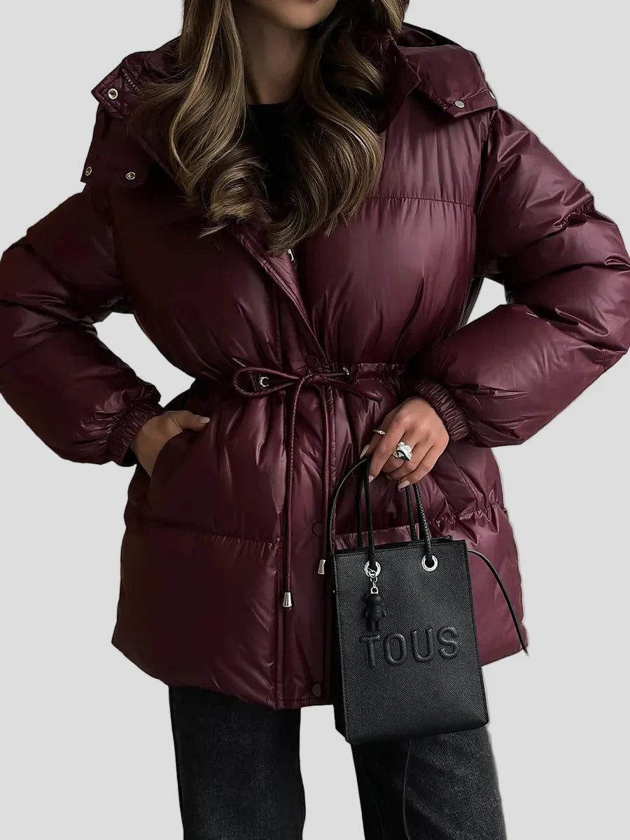 Shiny puffer jacket with hood and drawstring waist