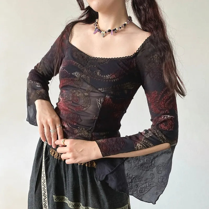 Black and burgundy floral paisley top in transparent finish with square neckline