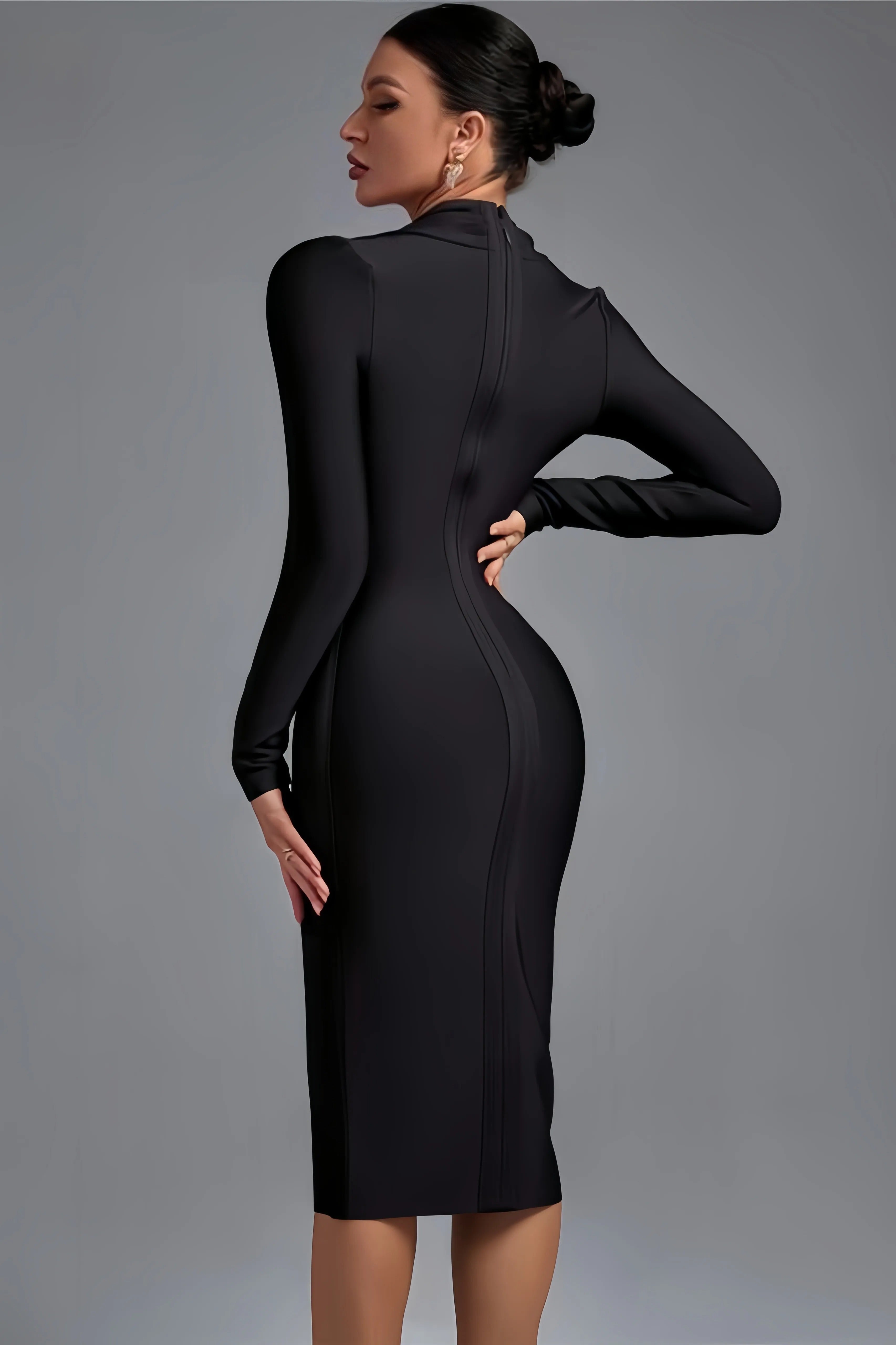 Black long sleeve midi wrap dress