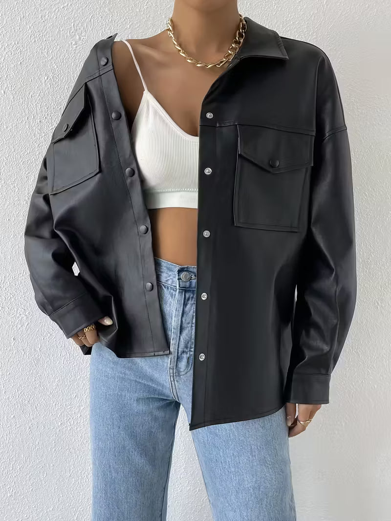 Black oversized shirt jacket with snap buttons