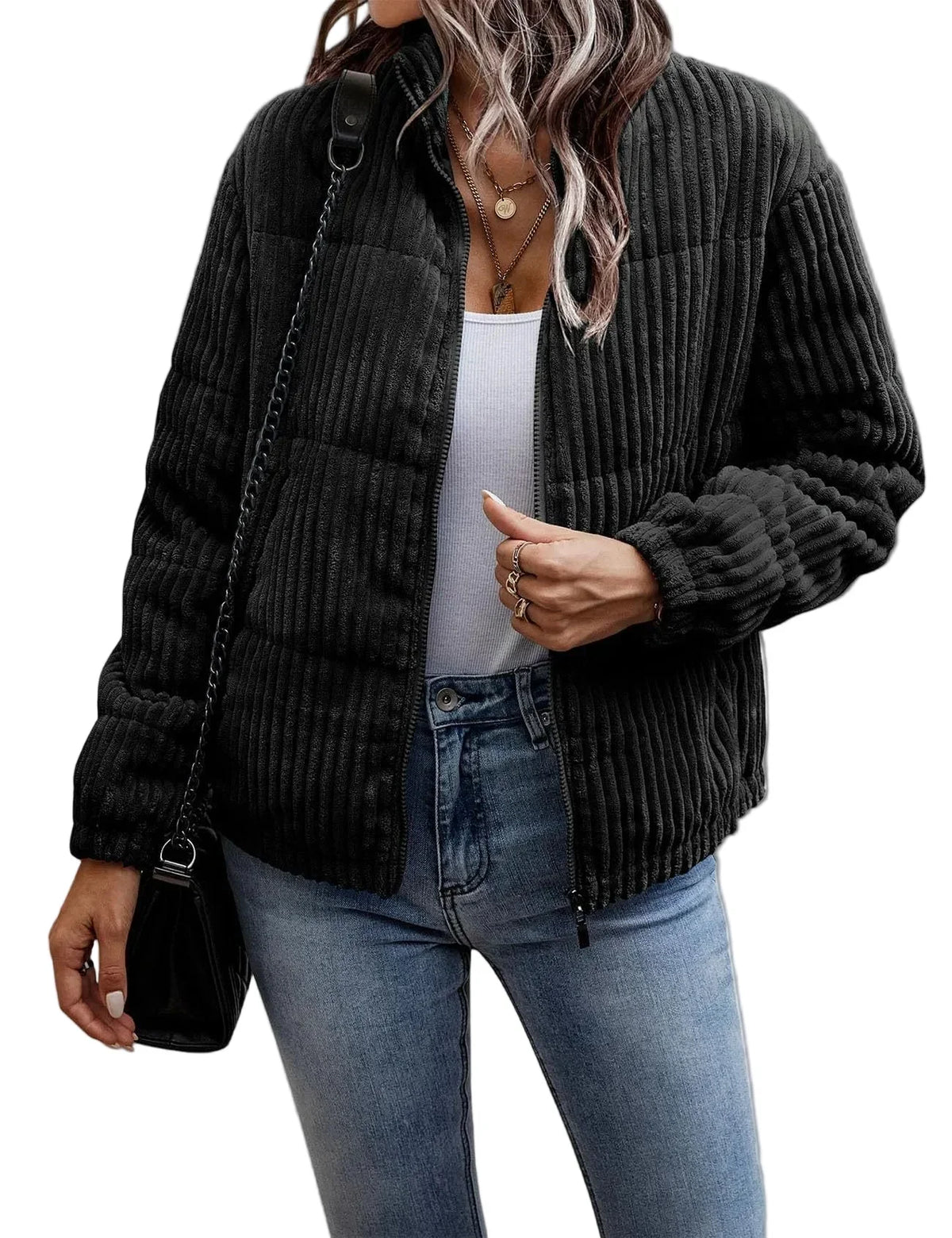 Ribbed padded jacket with stand-up collar
