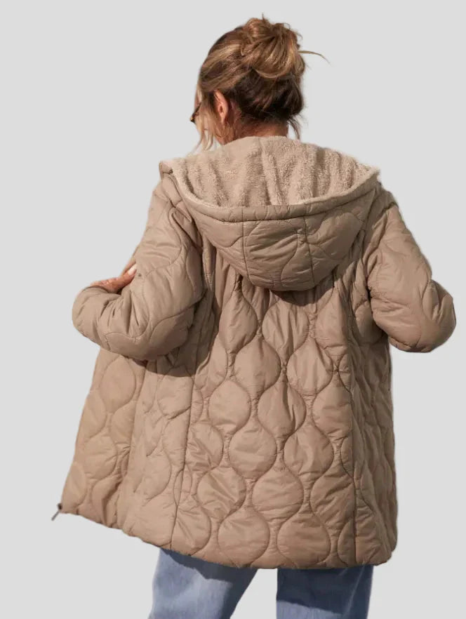 Quilted mid-length jacket with soft collar — front zip