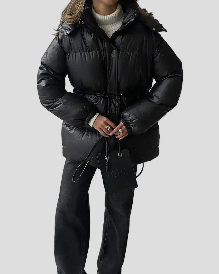 Shiny puffer jacket with hood and drawstring waist
