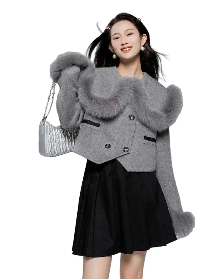 Short double-breasted jacket with fluffy trim