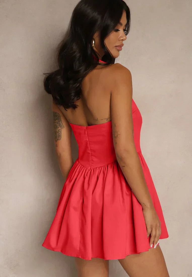 Square neck mini dress with pleated skirt