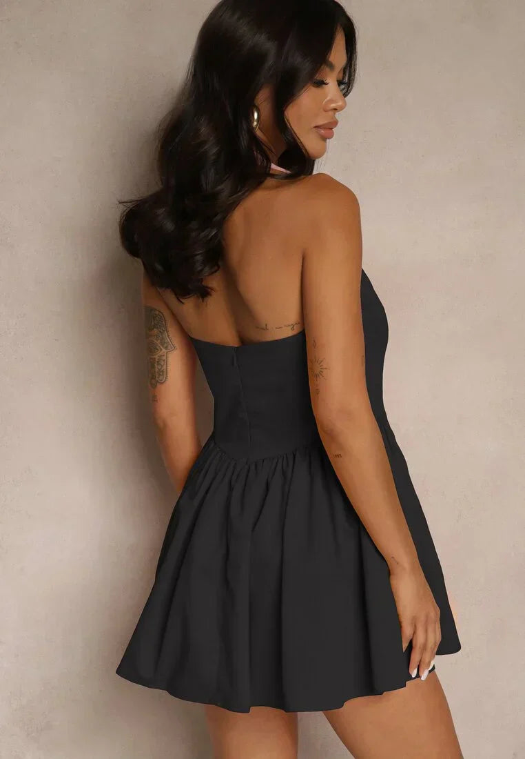 Square neck mini dress with pleated skirt