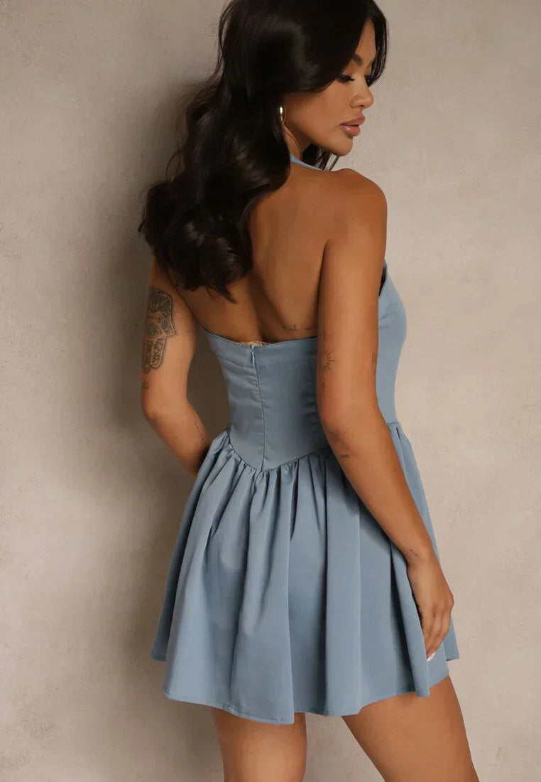 Square neck mini dress with pleated skirt