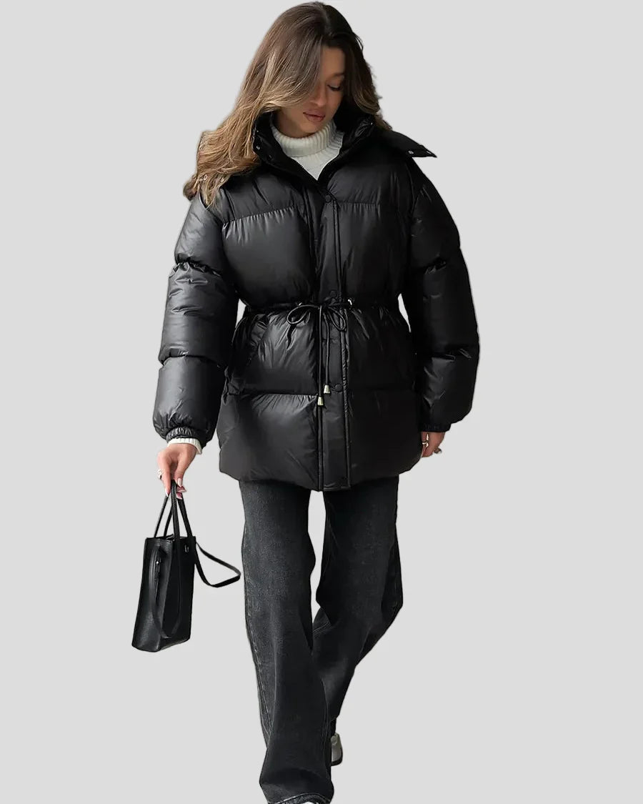Shiny puffer jacket with hood and drawstring waist
