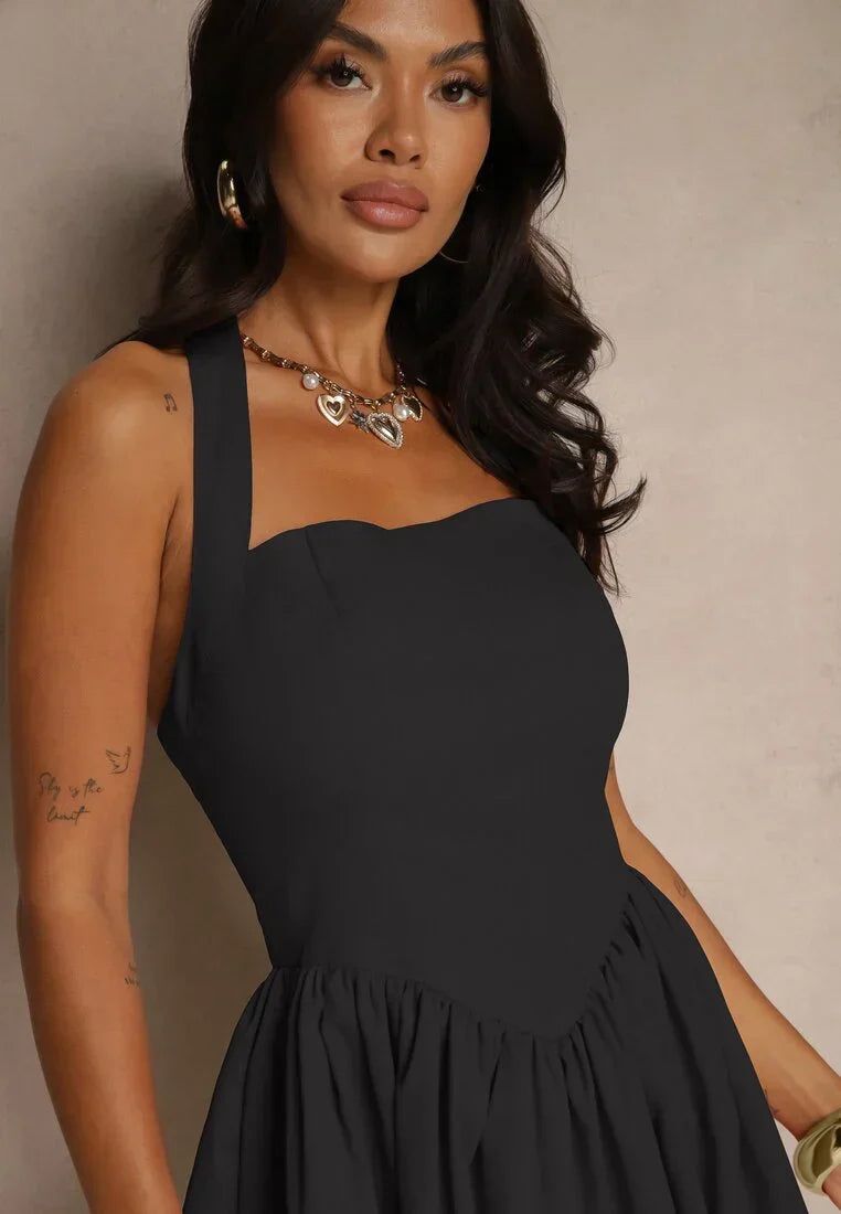 Square neck mini dress with pleated skirt