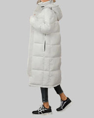 Long puffer coat with hood and high collar