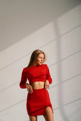 Red knit set with crop top and skirt