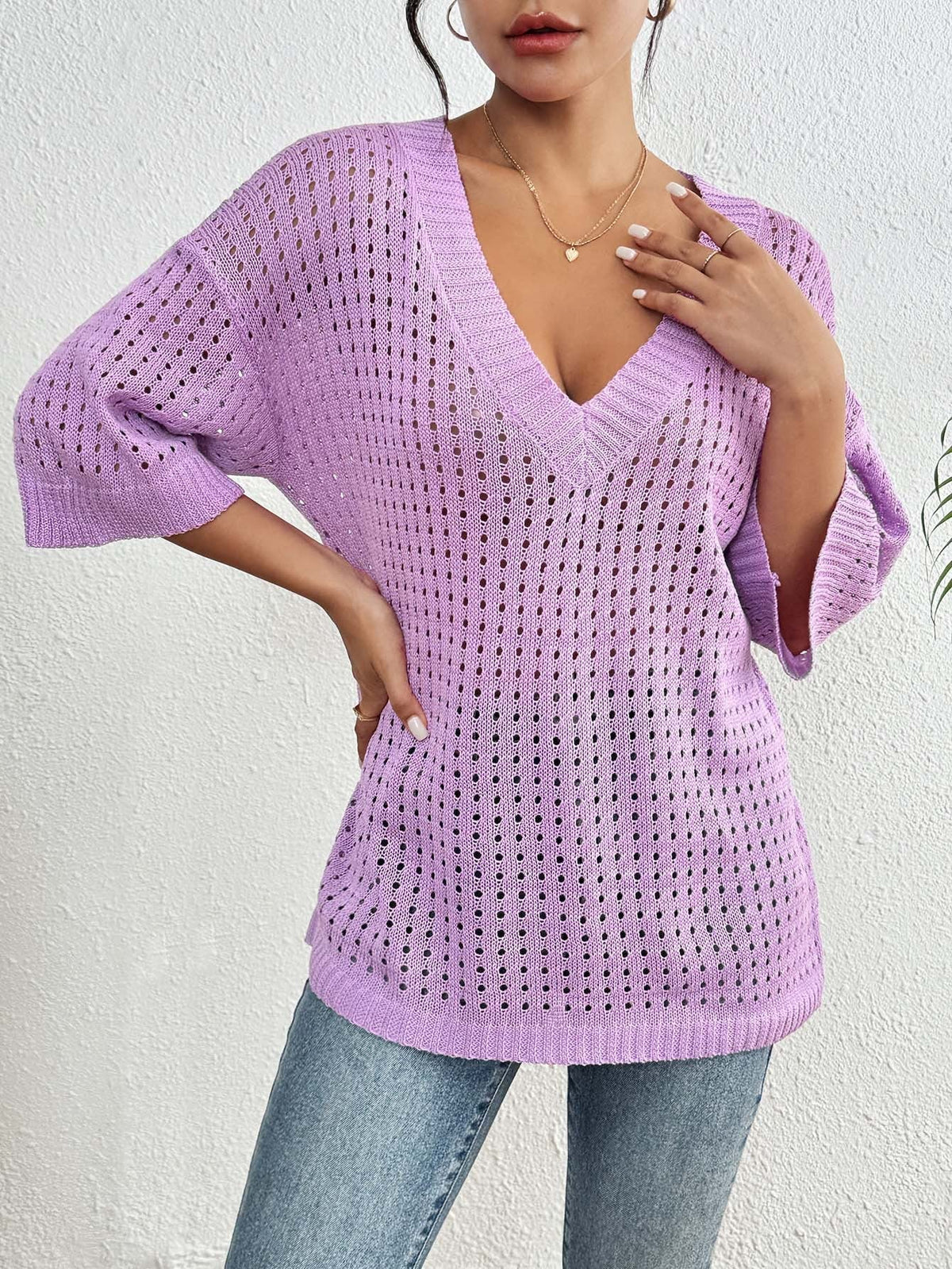 Blus ihålig vävd V-ringning