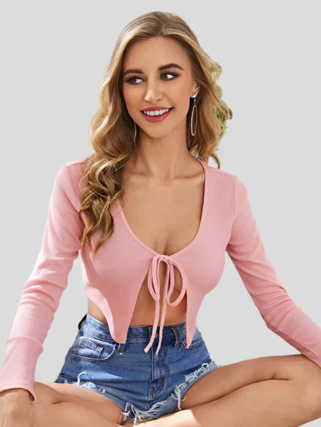 Pink long sleeve crop top with front tie