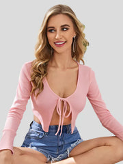 Pink long sleeve crop top with front tie