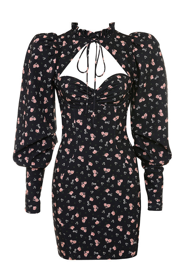 Miniklänning med puffärmar och blommigt tryck