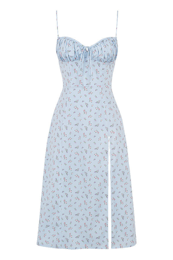 Blommig klänning med bustier och utskuret ben