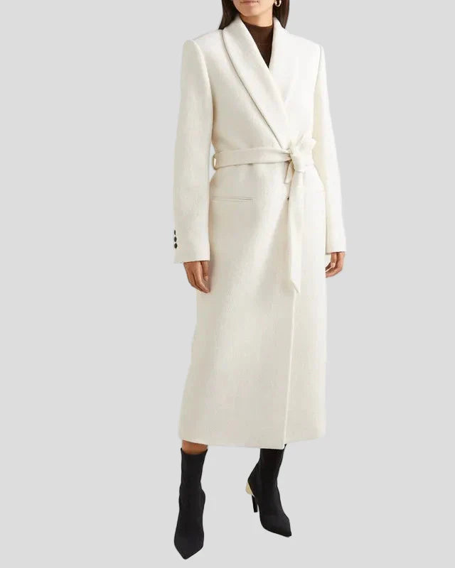White long coat with belt and shawl collar