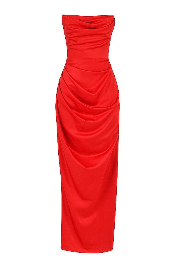 Red satin strapless long dress