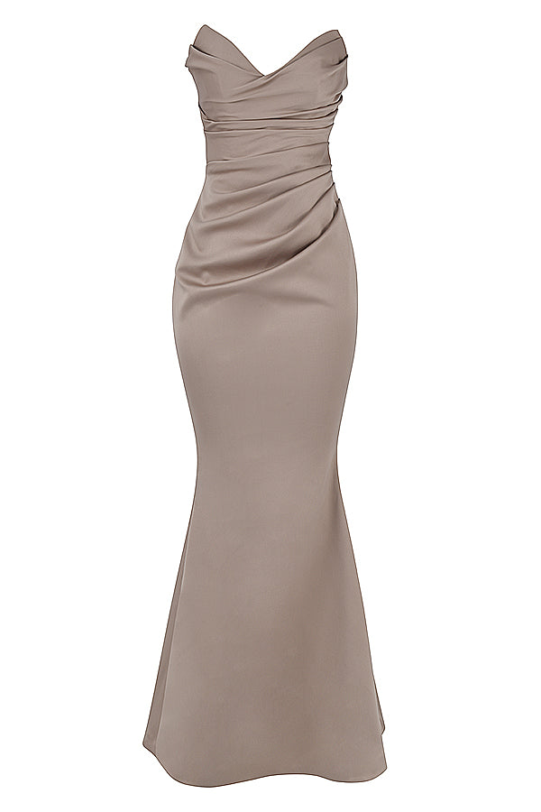 Strapless long evening dress with draped bodice