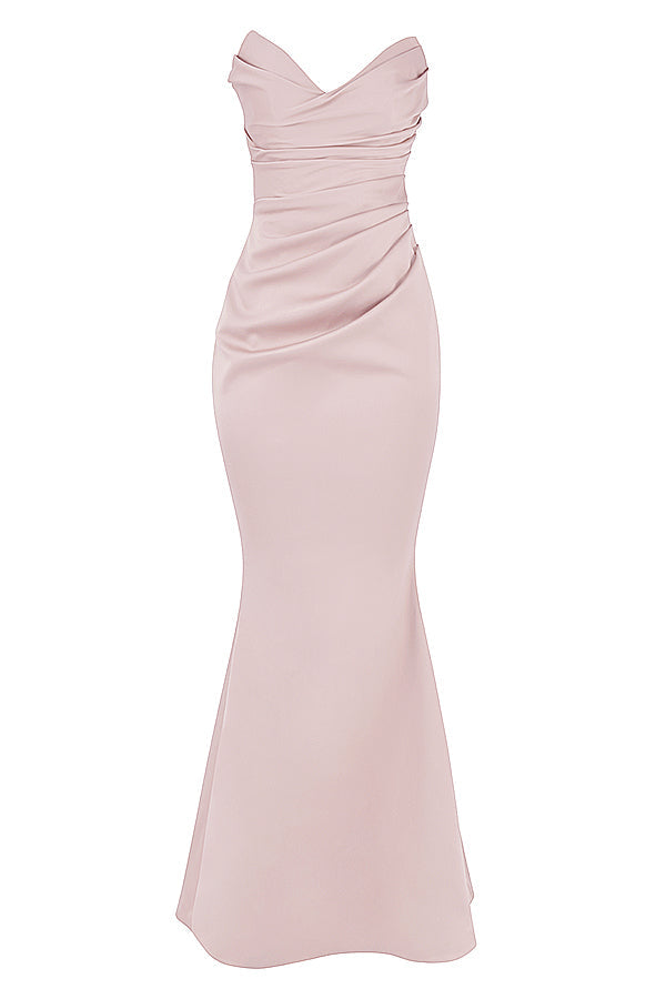Strapless long evening dress with draped bodice