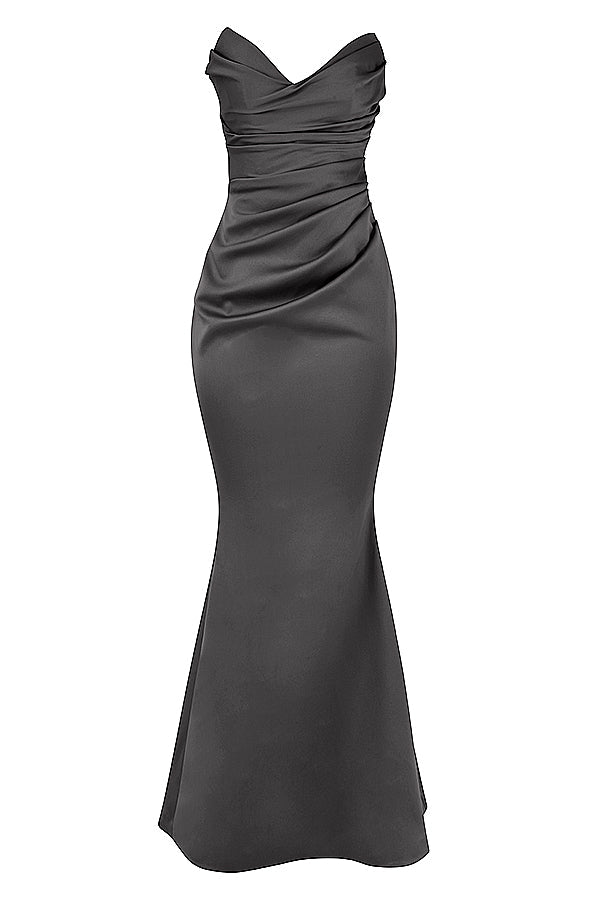 Strapless long evening dress with draped bodice