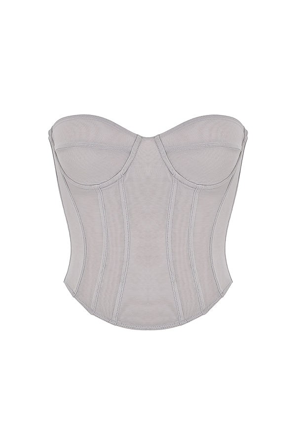 Grå jumperkorsett med plisserad lång kjol i satin