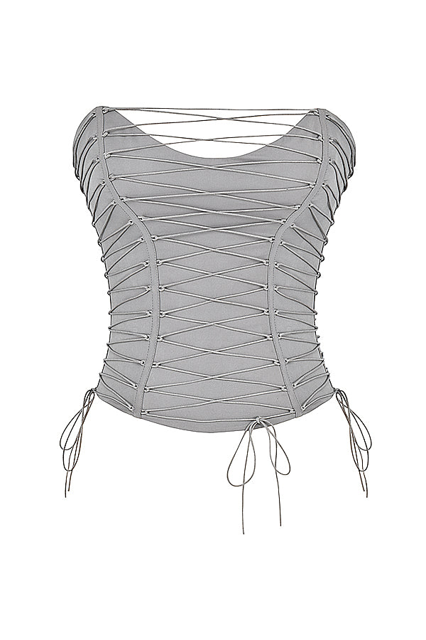 Snörkorsett med spetsbyxor i mocka och ekologiskt läder