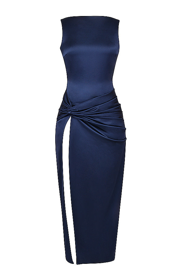 Navy draped slit maxi dress