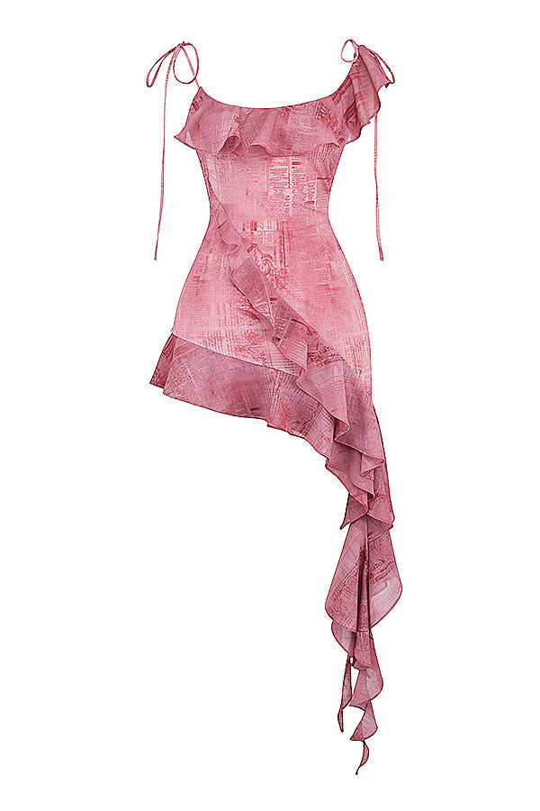 Tryckt rosa miniklänning med volanger